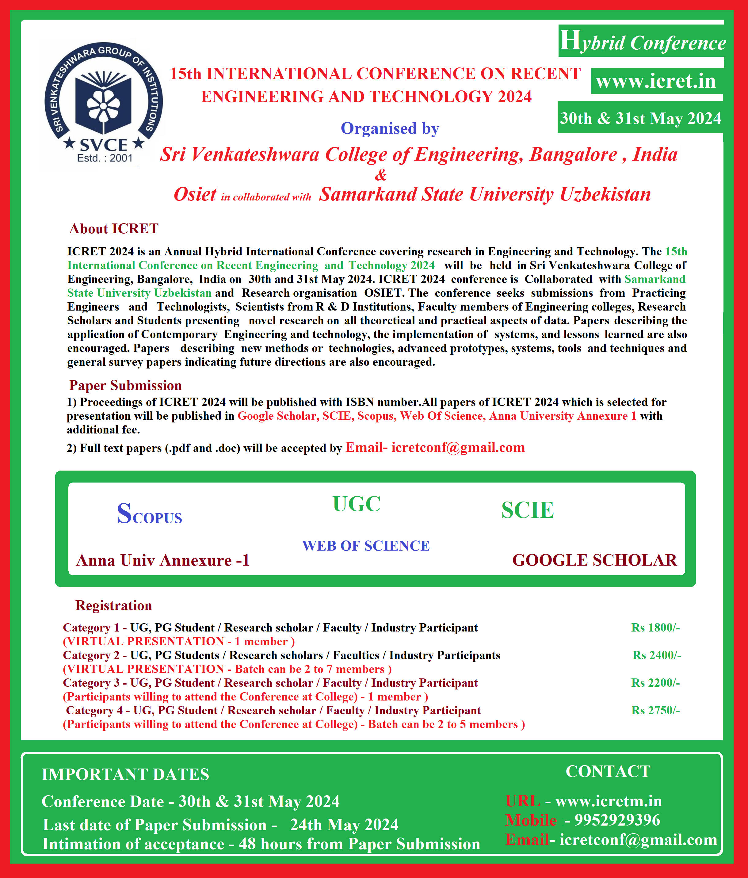 15th International Conference on Recent Engineering and Technology ICRET 2024